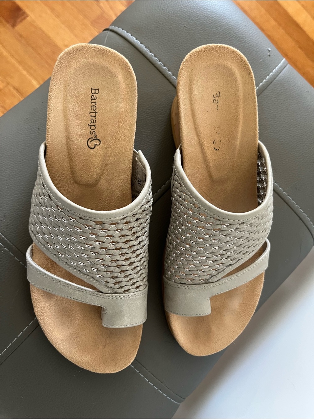 BareTraps Light Gray Woven Slide Wedges